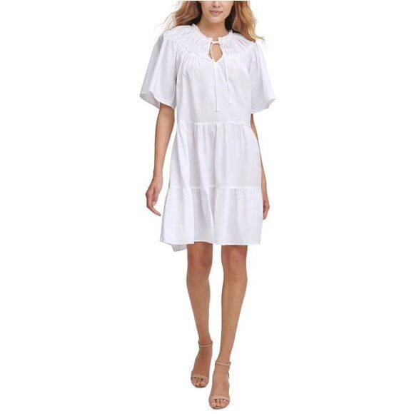 Kensie Women's White Ruffled Short Sleeves Baby Doll Mini Dress Size 10 - Picture 1 of 14